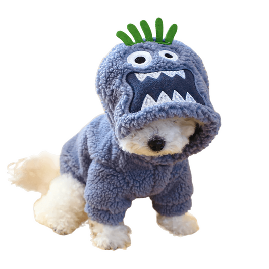 Small dog wearing a thick plush Halloween hoodie coat for chilly weather.