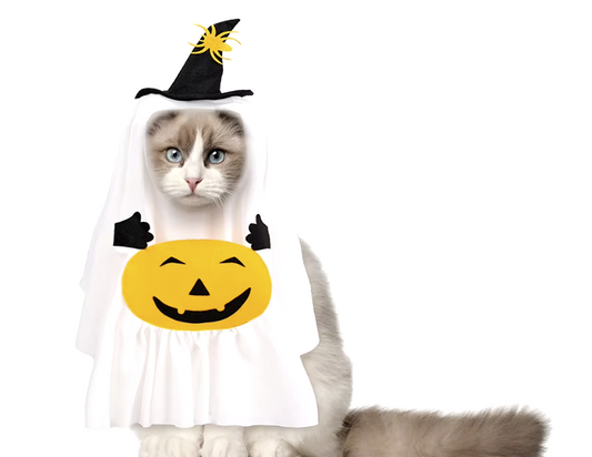 Halloween ghost costume for cats and dogs with pumpkin pocket and funny hat, perfect for spooky celebrations.