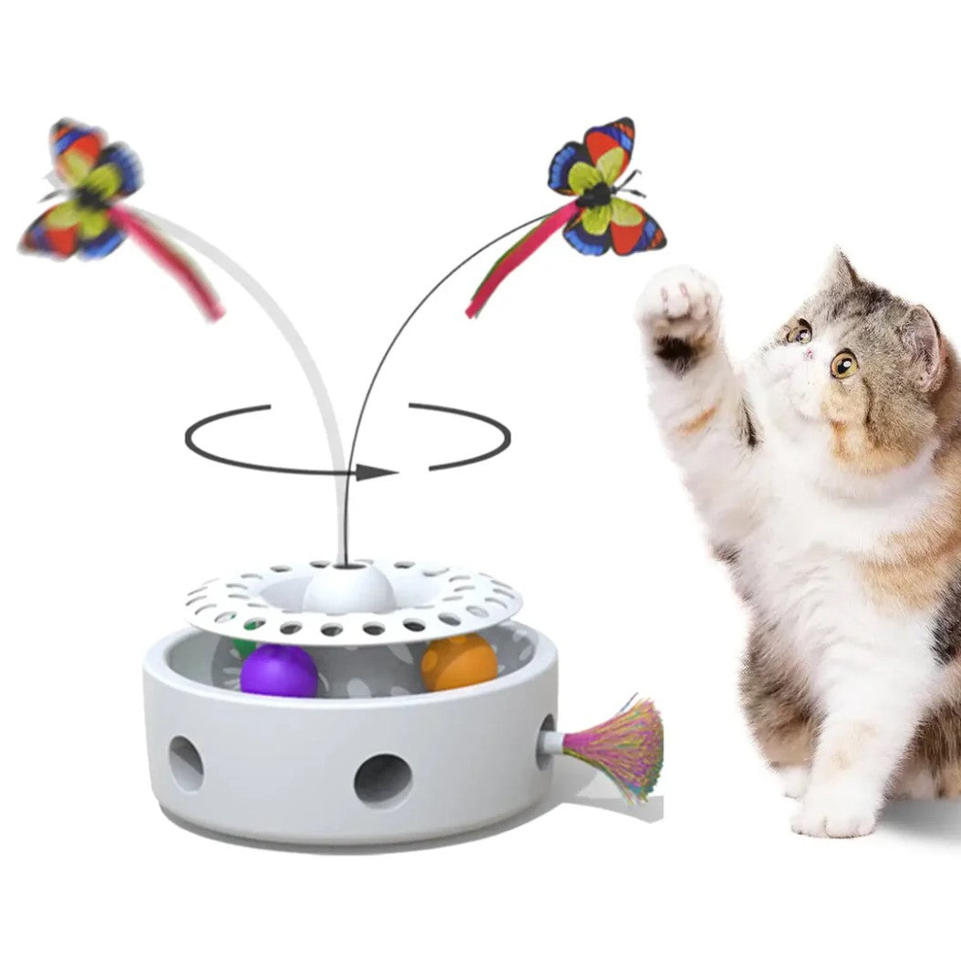 Cat play with interactive cat toy with featuring auto-activation, fluttering butterfly, and feather play