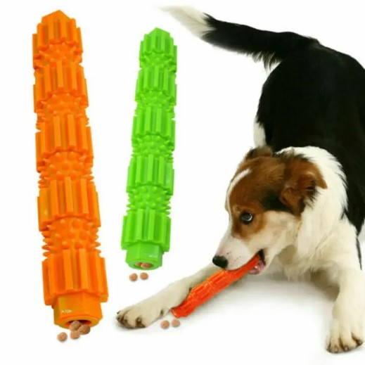 Dog chewing on dental chew toy with dog food inside, promoting oral health