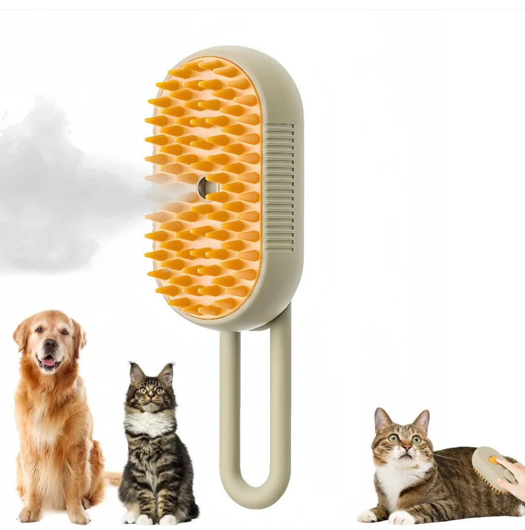 Steam grooming brush showcased in the center, with a person grooming a lying cat on the right, and a dog and cat sitting on the left side.