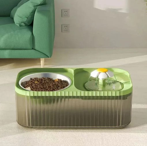 Green smart dog feeder station with built-in water fountain and food bowl