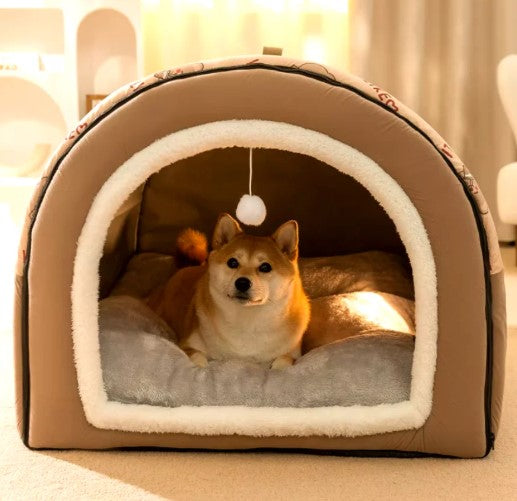 A dog lying comfortably in a warm, spacious pet house, looking directly at the camera with a relaxed expression