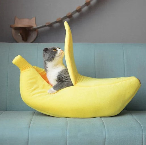 A cat lounging inside a cozy banana-shaped cat bed, curiously looking around.