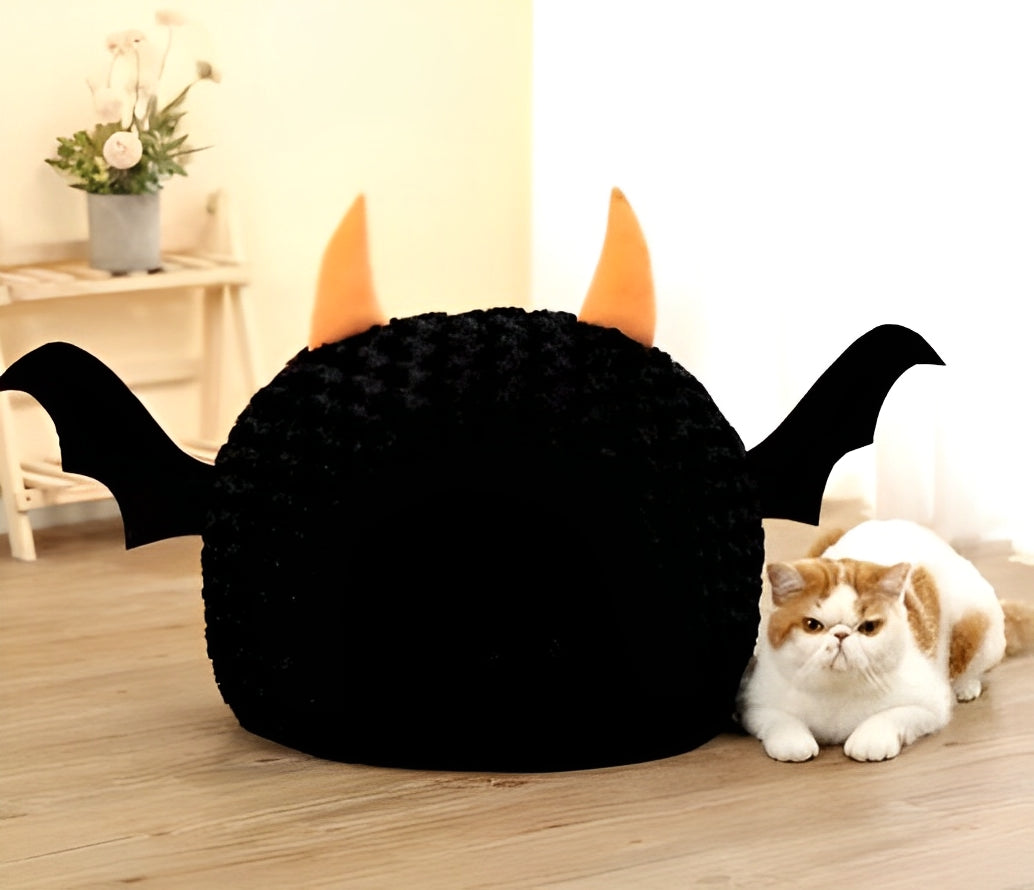 Cat lying beside black Christmas pumpkin-shaped cat bed with ghost face design