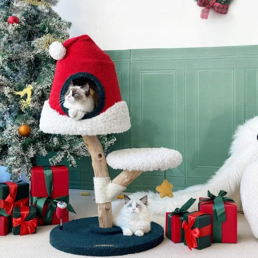 Ragdoll cat resting comfortably inside red Santa hat-shaped cat bed on top of Christmas-themed cat tree