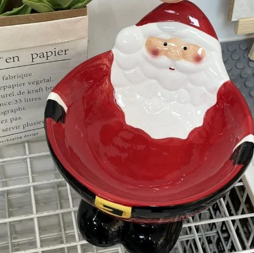 Red Santa Claus-shaped cat food bowl with Christmas design