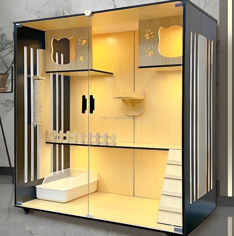 Wooden Cat Villa with Glass Door – Features Cat Litter Box, Cat Bed, and Connecting Bridge for Cats to Rest and Play