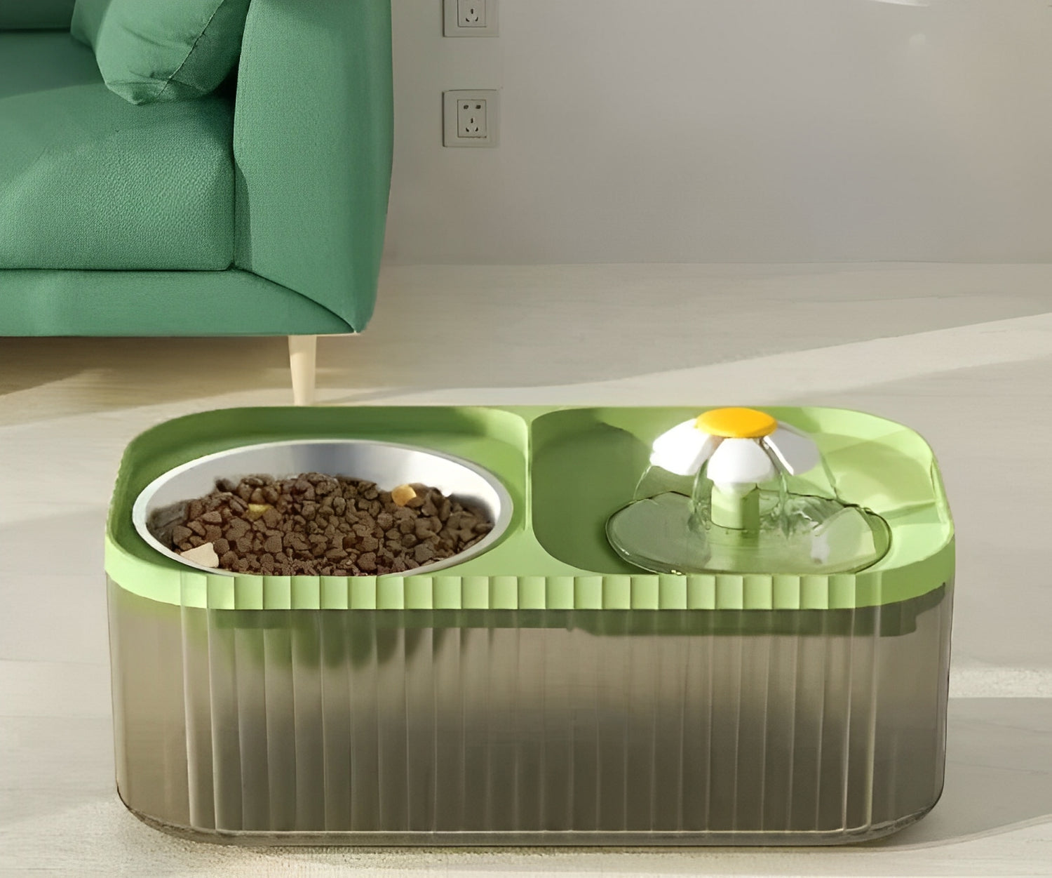 Green automatic pet feeder with water fountain and food bowl, designed for convenient pet feeding and hydration.