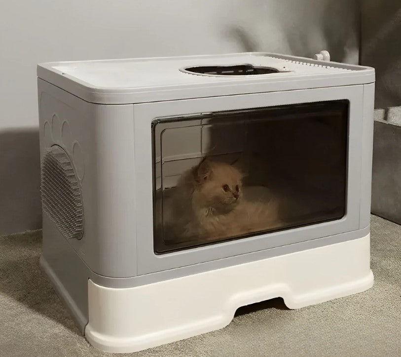 Enclosed cat litter box with a cat inside, offering privacy and cleanliness for your pet.