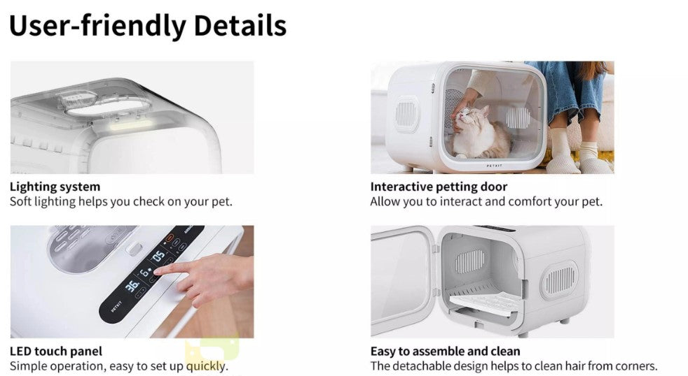 Automatic pet drying box for cats and small dogs with temperature and air settings for stress-free grooming