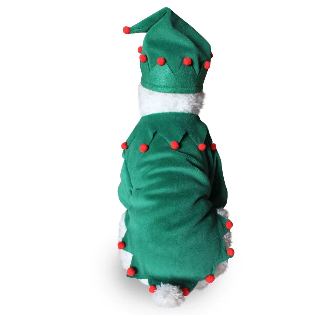 Pet wearing Halloween and Christmas knitted sweaters, featuring festive designs for dogs and cats.