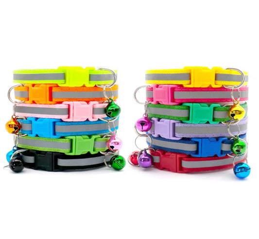 Reflective cat and dog collar with adjustable fit and bell for nighttime safety