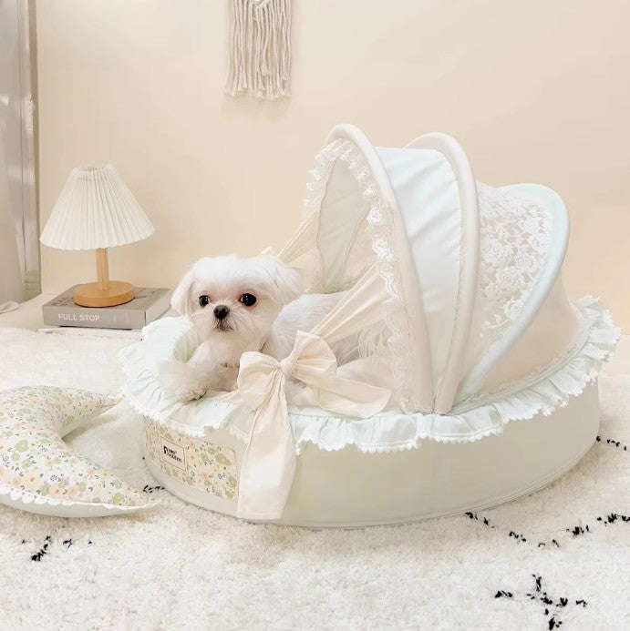 Luxury Princess Dog Bed with Lace Canopy for Small Dogs – Soft Washable Indoor Pet Cradle