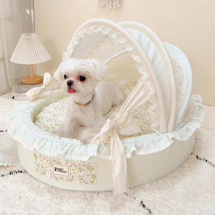 Luxury Princess Dog Bed with Lace Canopy for Small Dogs – Soft Washable Indoor Pet Cradle