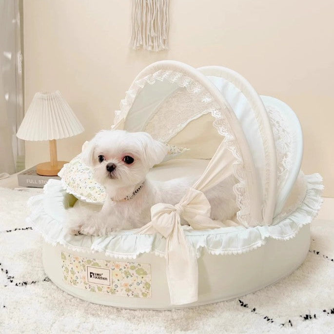 Luxury Princess Dog Bed with Lace Canopy for Small Dogs – Soft Washable Indoor Pet Cradle