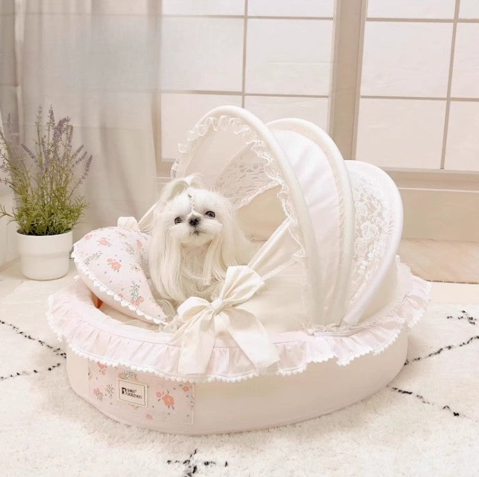 Luxury Princess Dog Bed with Lace Canopy for Small Dogs – Soft Washable Indoor Pet Cradle