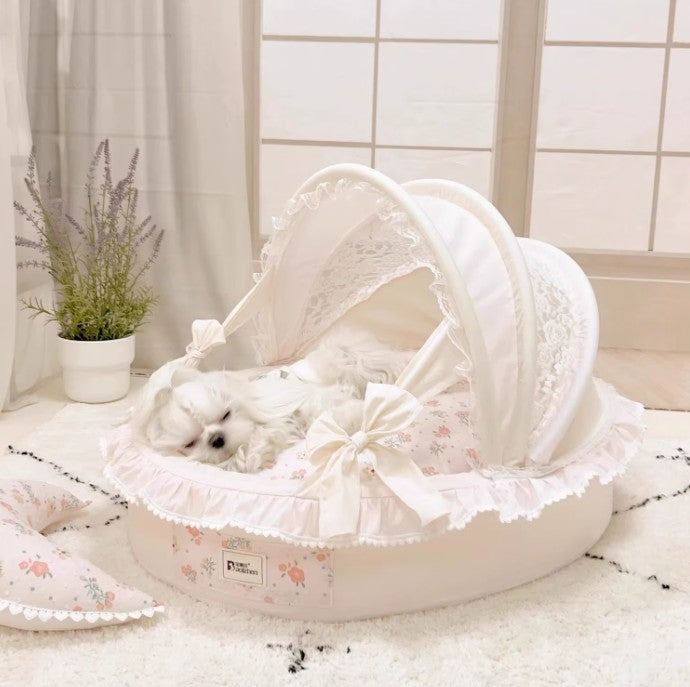 Luxury Princess Dog Bed with Lace Canopy for Small Dogs – Soft Washable Indoor Pet Cradle