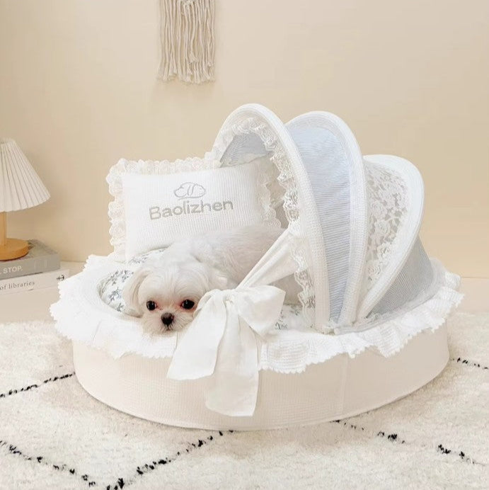 Luxury Princess Dog Bed with Lace Canopy for Small Dogs – Soft Washable Indoor Pet Cradle