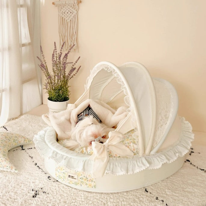 Luxury Princess Dog Bed with Lace Canopy for Small Dogs – Soft Washable Indoor Pet Cradle