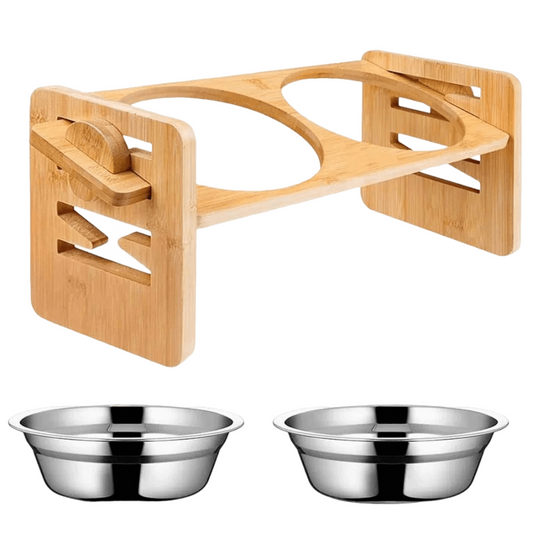 Adjustable elevated pet bowl for small dogs and cats with bamboo stand.
