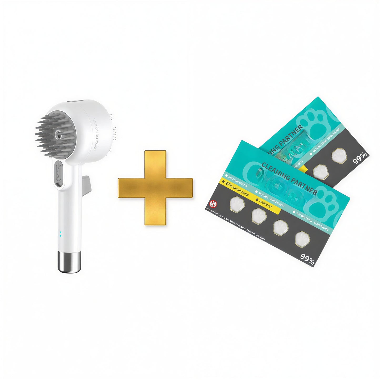 Pet grooming tools including The Artisan™ Dual-Sided grooming brush and cleaning partner tablets for effective pet grooming.