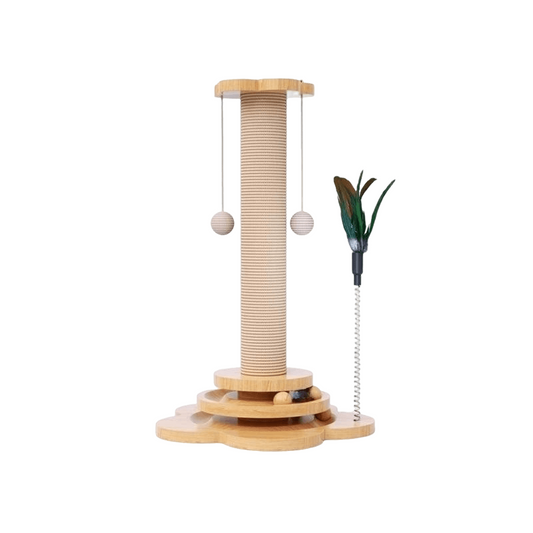 Wooden interactive cat turntable toy with rotating ball track and built-in sisal scratching board.