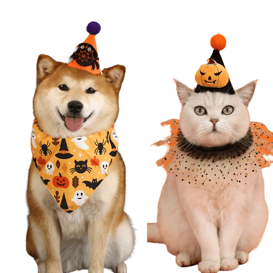 Pet Halloween costume set with bat, spider, and pumpkin hats, headband, lace bib, and scarf for cats and dogs.