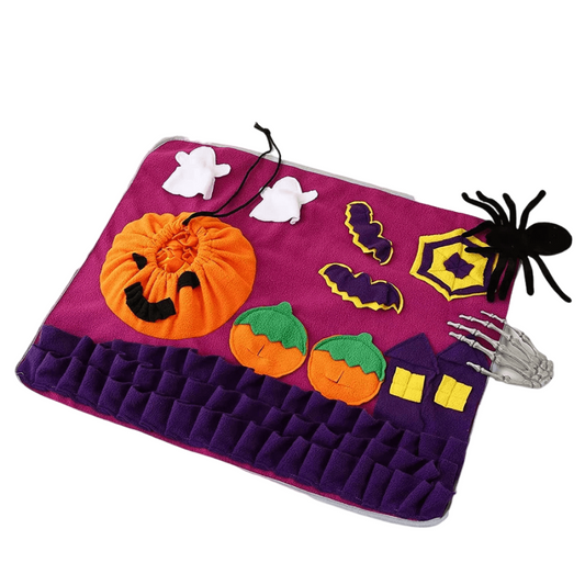 Halloween pumpkin-shaped snuffle mat for dogs and cats to encourage foraging and slow feeding
