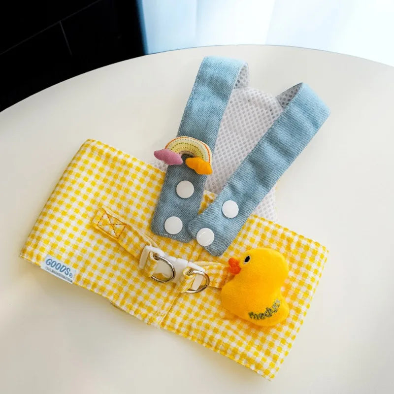 Fries-themed puppy harness set with matching hat and leash, ideal for small dogs on walks and outings.