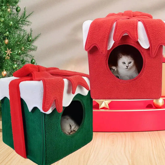 Christmas-themed cat bed shaped like a cozy holiday house for cats and small dogs