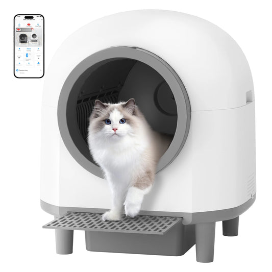 App-controlled automatic cat litter box with enclosed, low-noise design