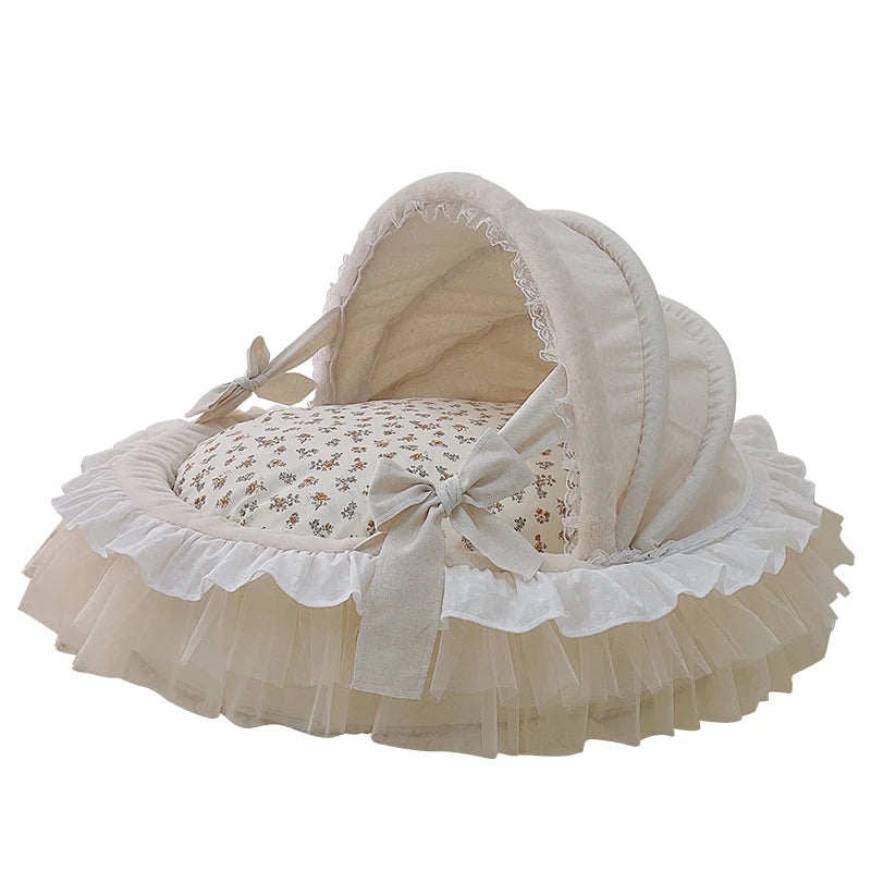 Luxury Princess Dog Bed with Lace Canopy for Small Dogs – Soft Washable Indoor Pet Cradle