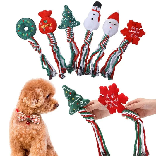 Christmas-themed squeaky dog toy with cotton rope knot for small dogs and puppies
