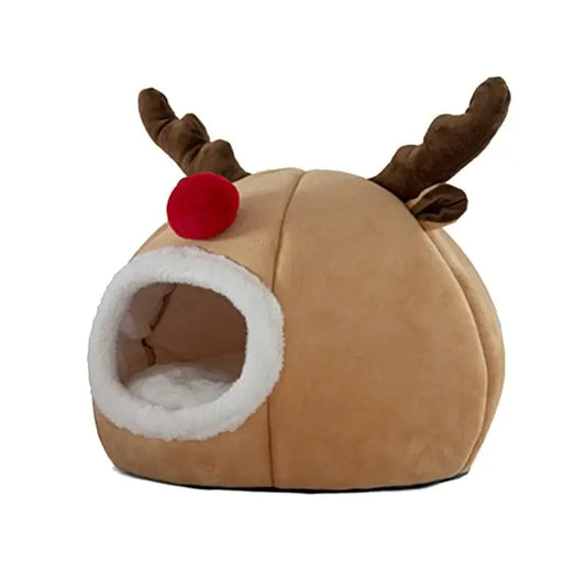 Indoor cat cave bed with Christmas reindeer design for holiday comfort and warmth.