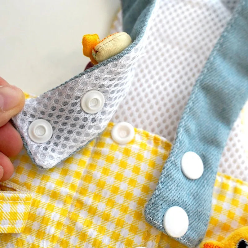 Fries-themed puppy harness set with matching hat and leash, ideal for small dogs on walks and outings.