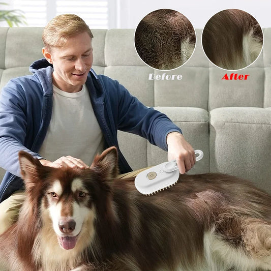 Pet Steam Brush for grooming, detangling, and hair removal for cats and dogs with steam spray function