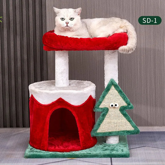 Christmas-themed cat climbing shelf with hammock and scratching post