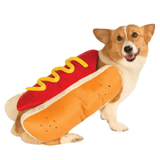 Dog wearing a hot dog costume with bun and mustard design for Halloween