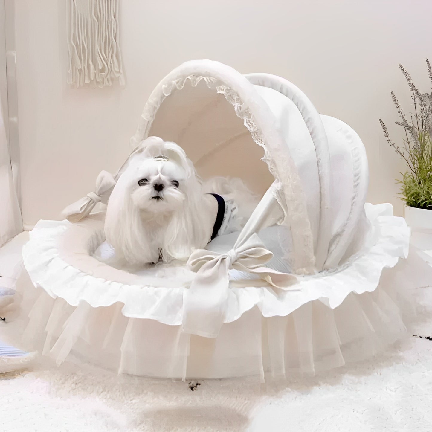 Luxury Princess Dog Bed with Lace Canopy for Small Dogs – Soft Washable Indoor Pet Cradle