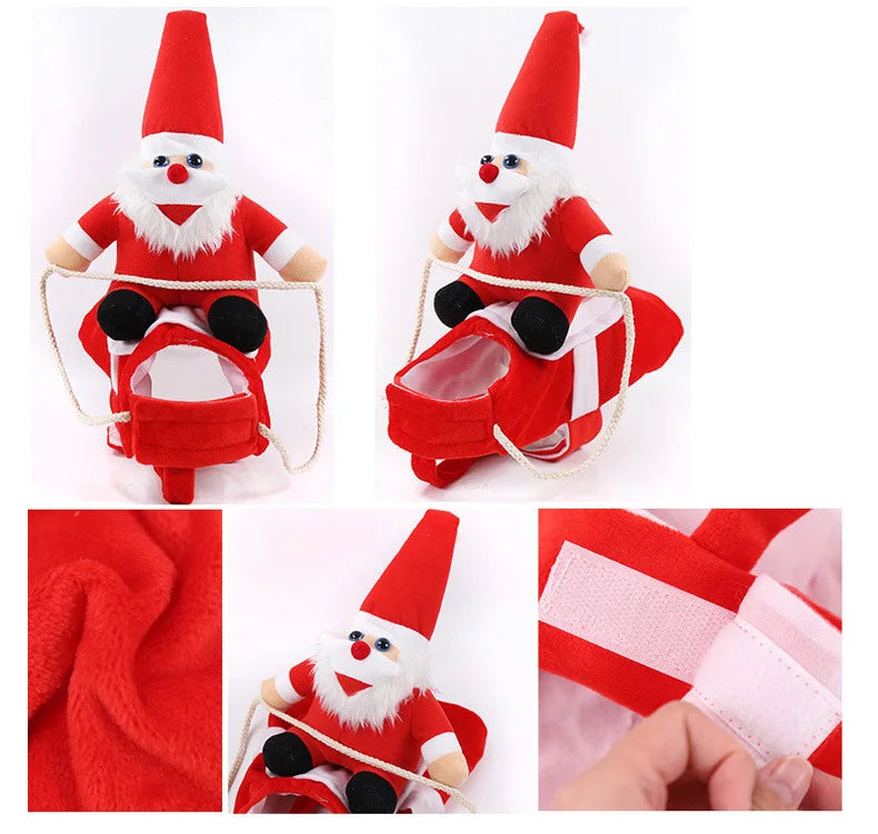 Dog wearing a red Santa Claus costume for Christmas photos and holiday parties