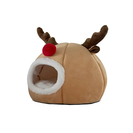 Indoor cat cave bed with Christmas reindeer design for holiday comfort and warmth.