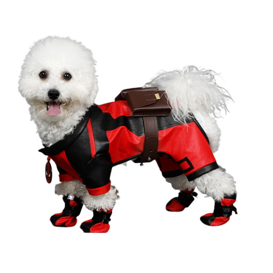 Pet dressed in Hot Movie Deadpool Cosplay Costume, a fun Dogpool outfit for Halloween and parties