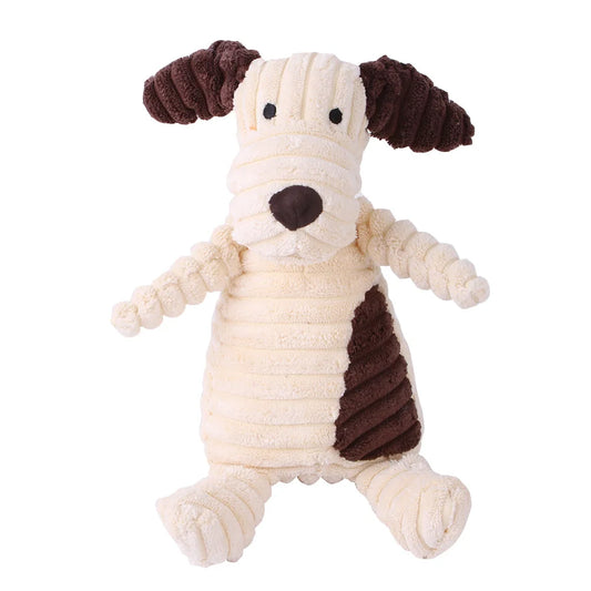 Plush dog toy with squeaker, featuring cute animal designs for interactive play and training with small to medium-sized dogs.