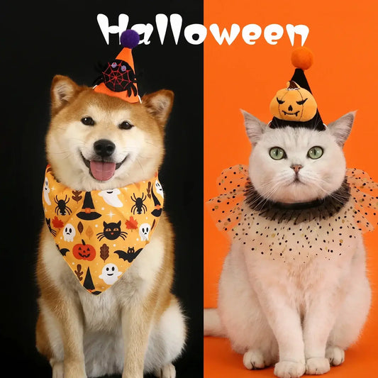 Pet Halloween costume set with bat, spider, and pumpkin hats, headband, lace bib, and scarf for cats and dogs.