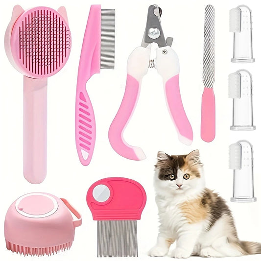 8-piece cat grooming kit with nail clippers, self-cleaning brushes, and flea comb for cats and small dogs.