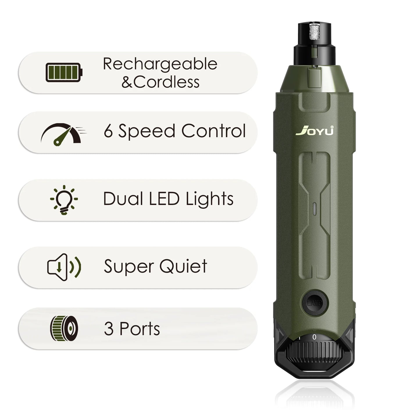 Rechargeable 6-speed dog nail grinder with LED lights and diamond bit for safe pet grooming