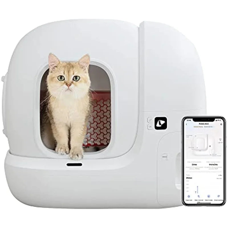 Self-cleaning smart cat litter box with odor control and app features