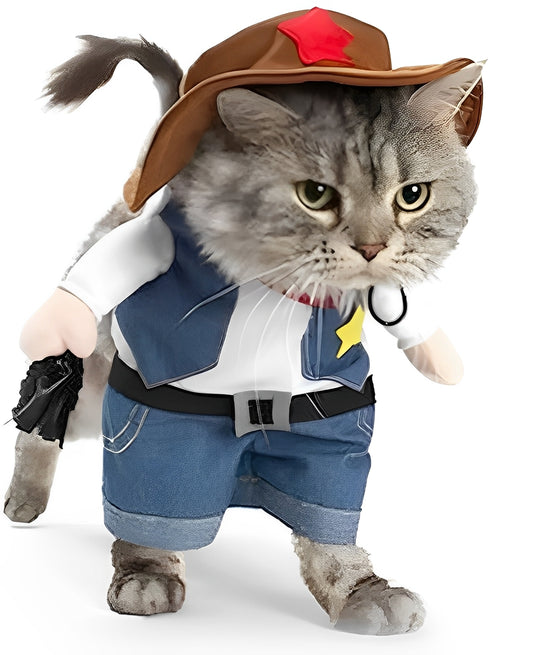 Pet dressed in a denim cowboy jacket and cowboy hat for Halloween or costume parties