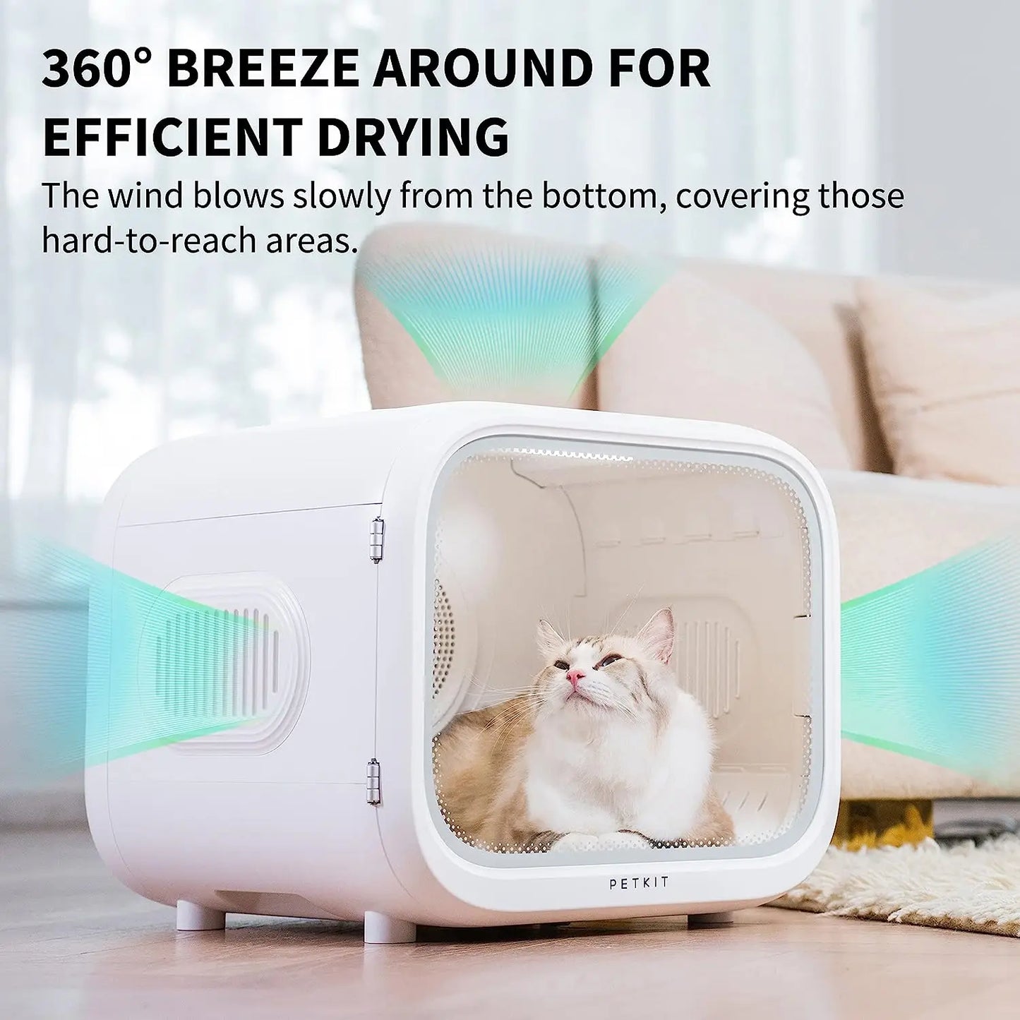 Automatic pet drying box for cats and small dogs with temperature and air settings for stress-free grooming